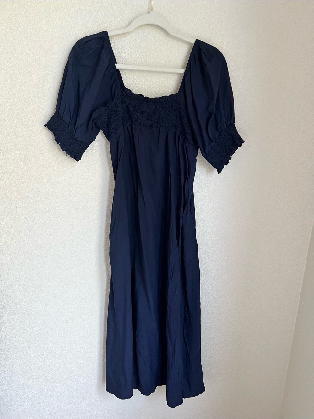 Smocked Square-Neck Midi Dress in Navy